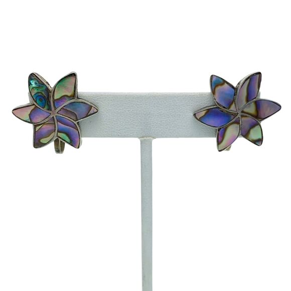 Vintage Sterling Silver 925 Sterling Abalone Flower Inlay Screw Back Earrings - Picture 2 of 7